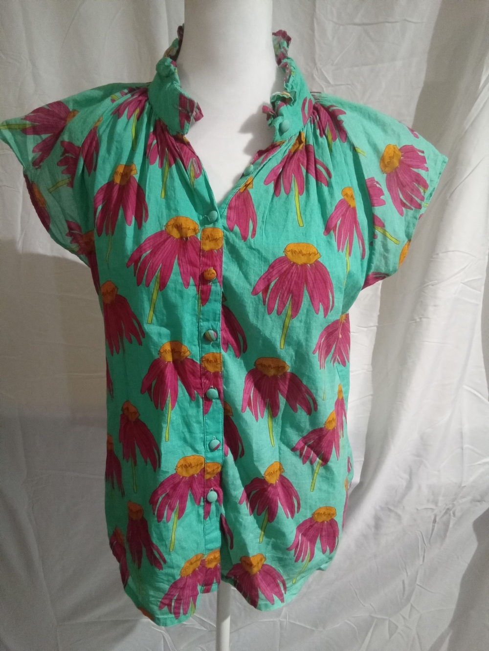 Victoria Dunn Floral Button-Front Top in Aqua and Magenta XS